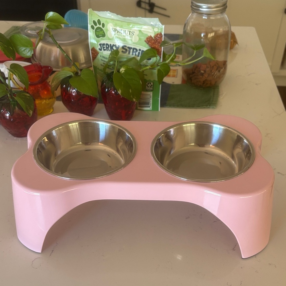 Pink Pet Bowl Stand with stainless steel bowls